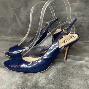 Authenticated Gucci Slingback Peep Toe Kitten Heels Blue Patent Leather Sz 6.5